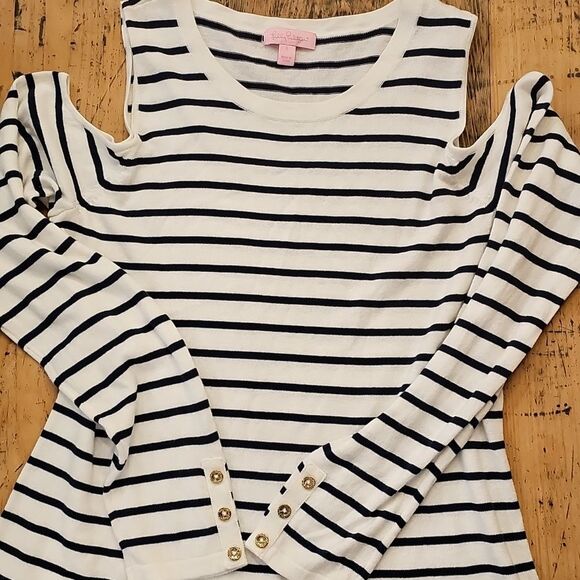 LILLY‎ PULITZER Women's L Cold Shoulder Breton Stripe Wool Blend Sweater Preppy - Picture 6 of 9